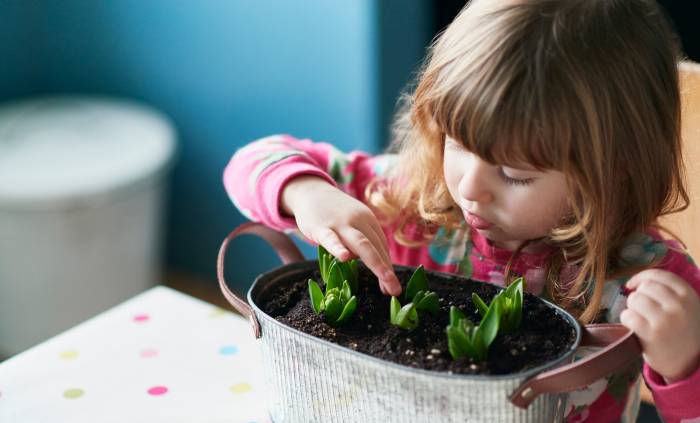 Ребенок сажает растение