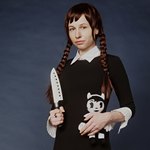 Девушка с косичками держит нож в правой руке