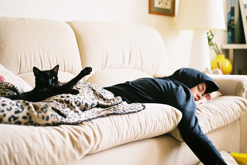 Черная кошка спит вместе с хозяином