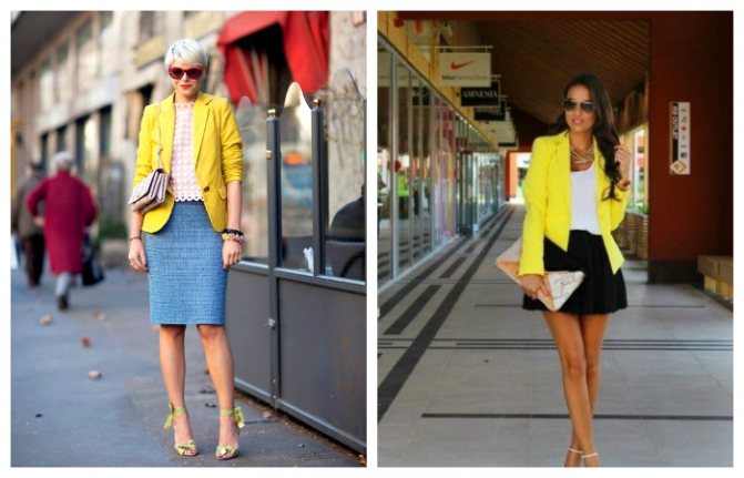 С чем носить жёлтый женский пиджак юбка